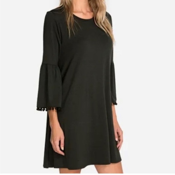 JOHNNY WAS CALME Fluted Sleeve Pom Pom Trim Swing Dress Green Size Medium - Picture 2 of 9